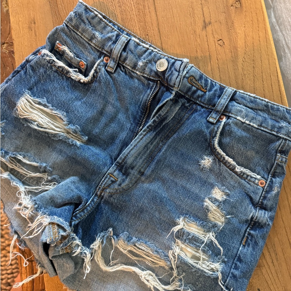 Zara Blue Jean Shorts with Distressed Hem
